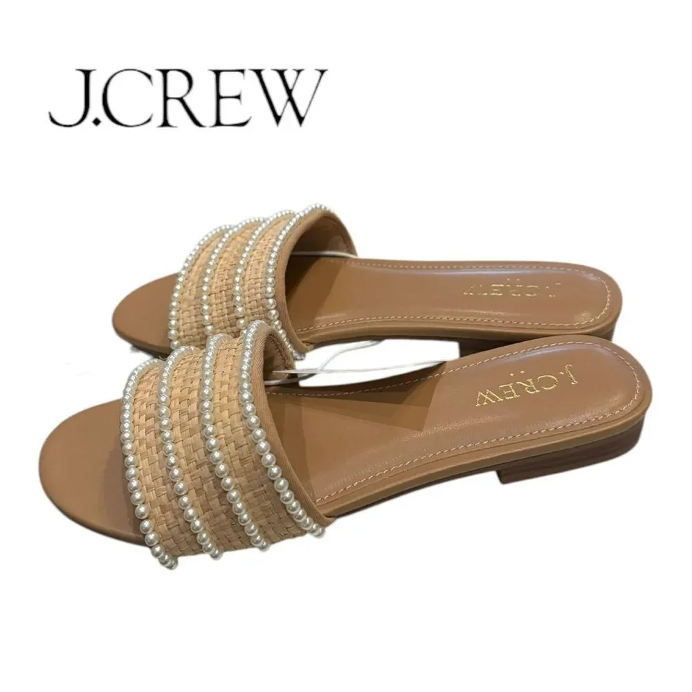New J. Crew Women's Pearl Slide Raffia Sandals 6.5